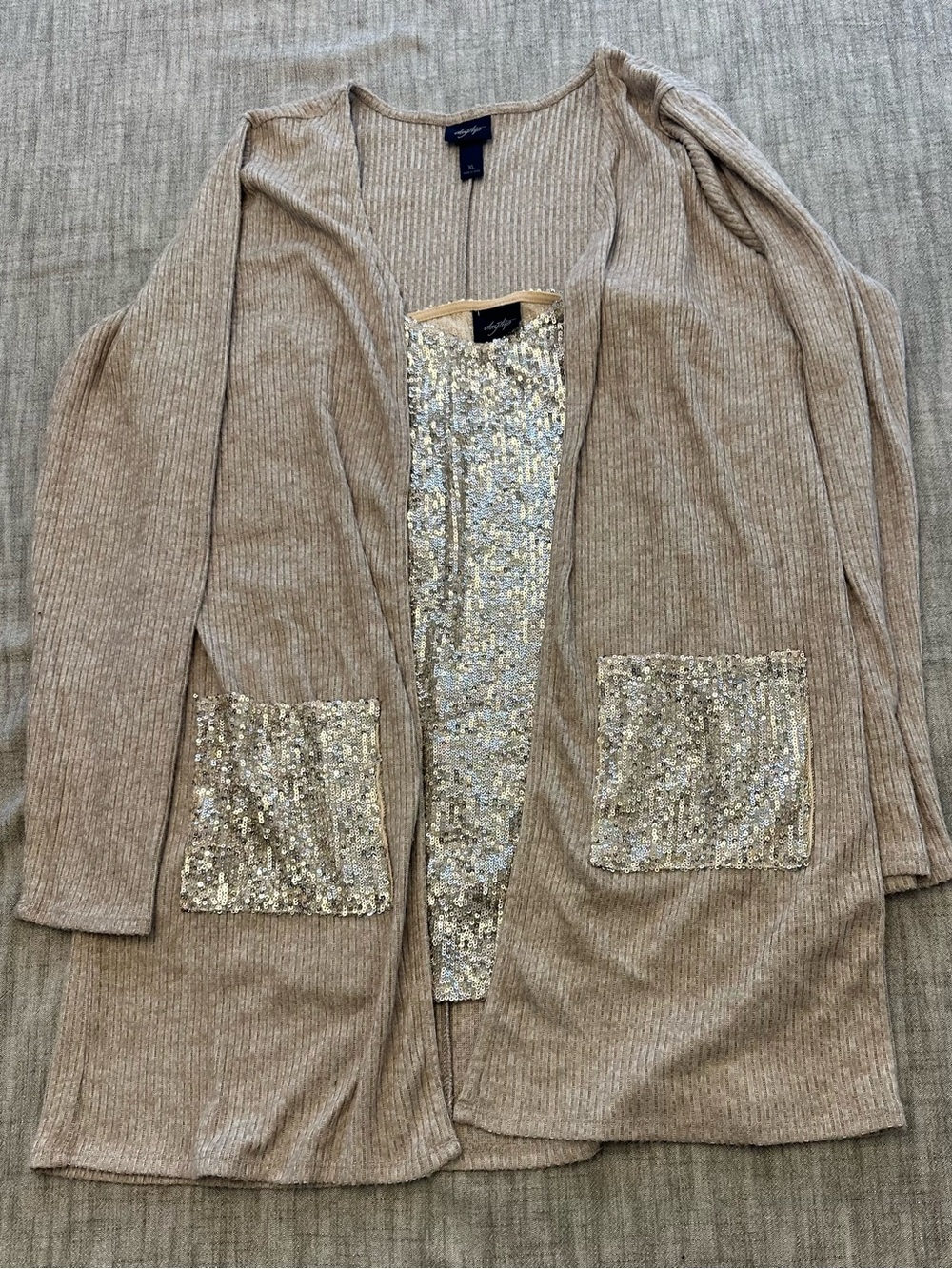 Daytrip Beige Ribbed Open-Front Cardigan with Sequin Pockets